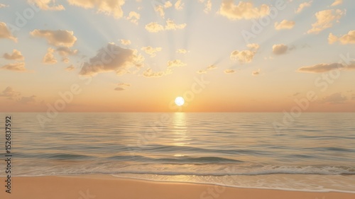 Gentle waves lap against the sandy shore as the sun dips below the horizon, painting the sky with warm, inviting pastel colors