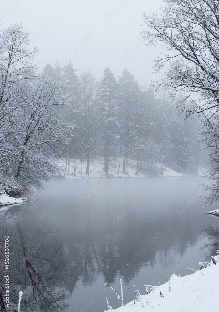 Winter Wonderland Lake - Serene winter scene of a snow-covered lake reflecting a misty forest. Tranquil and peaceful atmosphere Winter Wonderland Lake - Serene winter scene of a snow-covered lake reflecting a misty forest. Tranquil and peaceful atmosphere