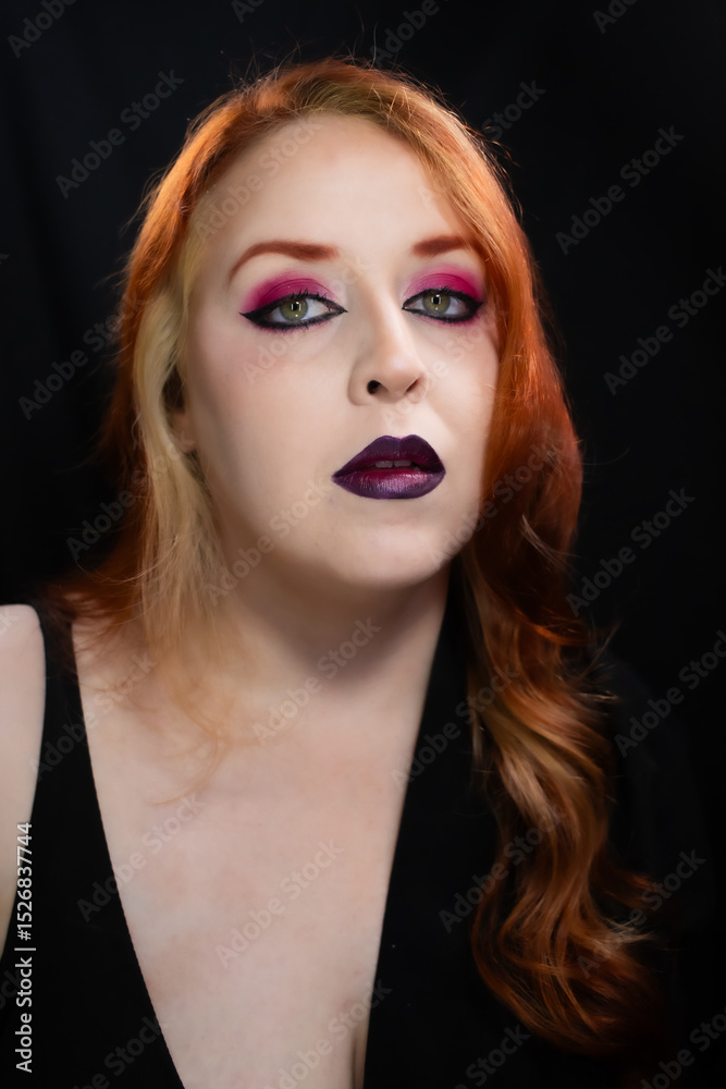 Gothic-inspired makeup with bold burgundy lips, vibrant pink eyeshadow, sharp eyeliner, and layered chokers. A dramatic and edgy look perfect for alternative fashion lovers. Gothic-inspired makeup with bold burgundy lips, vibrant pink eyeshadow, sharp eyeliner, and layered chokers. A dramatic and edgy look perfect for alternative fashion lovers.