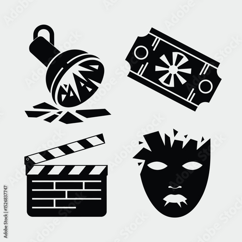 vector icons cinema, Director's Chair , theatrical Ticket roles, video tape, shattered spotlight  
