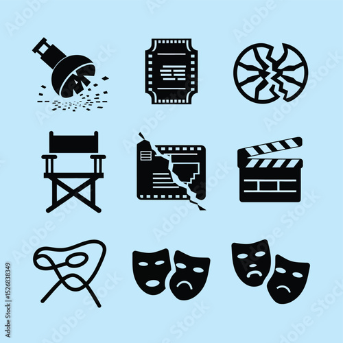 vector icons cinema, Director's Chair , theatrical Ticket roles, video tape, shattered spotlight  
