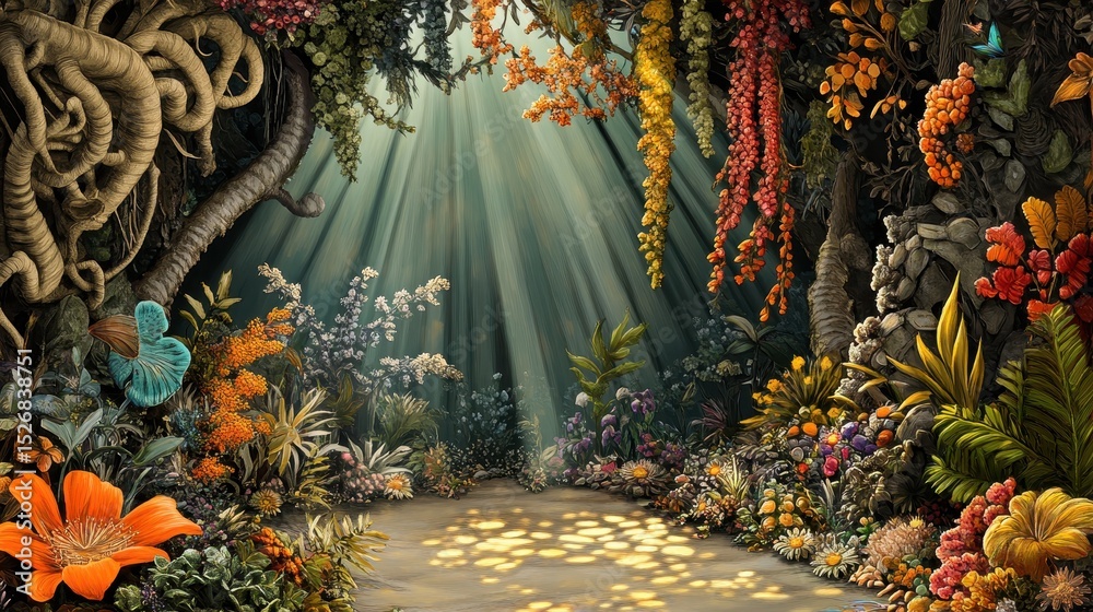 Obraz premium Sunlit path through a vibrant, fantasy forest.