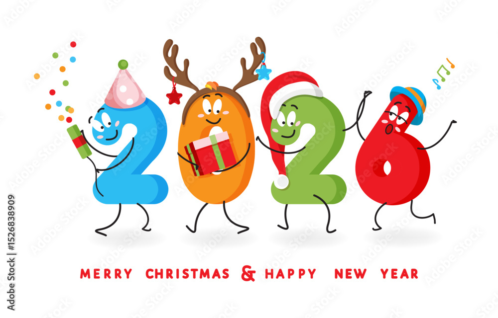 Fototapeta premium 2026 Happy New Year and Merry Christmas greeting vector banner. Cheerful smiling cartoon numbers in Santa and party hats, deer horns, celebrate holiday, singing, use flapper, dancing, carry gift box