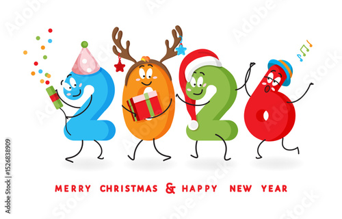 2026 Happy New Year and Merry Christmas greeting vector banner.  Cheerful smiling cartoon numbers in Santa and party hats, deer horns, celebrate holiday, singing,  use flapper, dancing, carry gift box