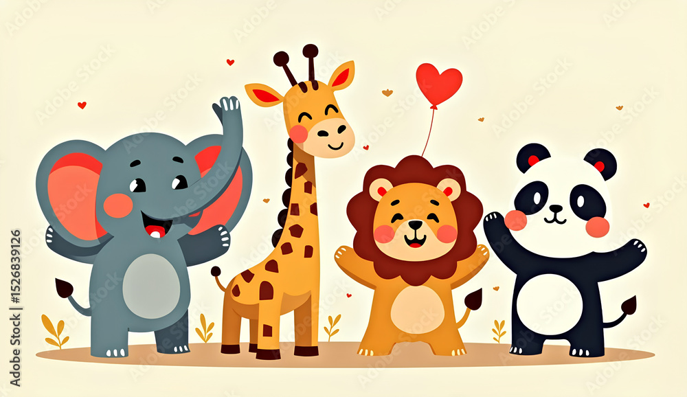 Naklejka premium Cute Safari Animals Cartoon Illustration