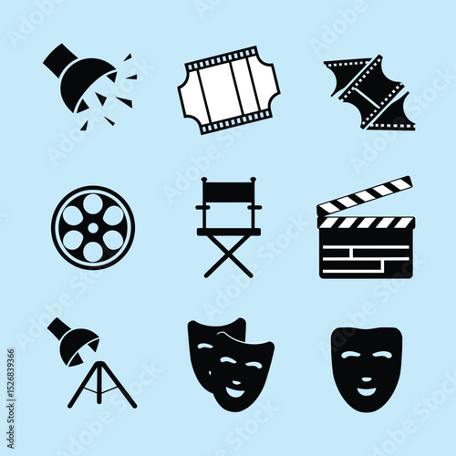 vector icons cinema, Director's Chair , theatrical Ticket roles, video tape, shattered spotlight  
