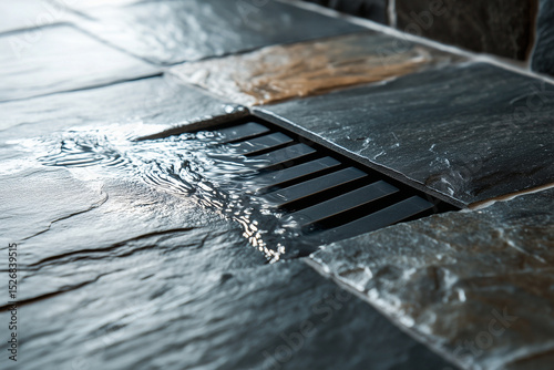 Water Flowing into Modern Stone Floor Drain with Natural Texture