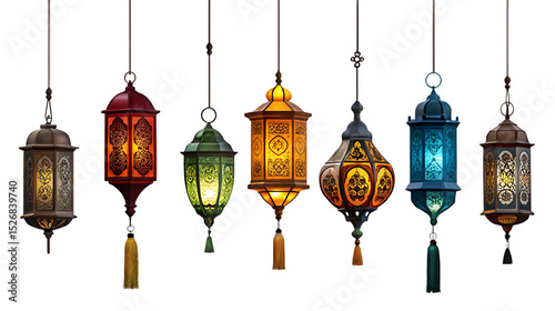 Elegant Ramadan Lanterns Hanging with Ornate Details on Transparent Background