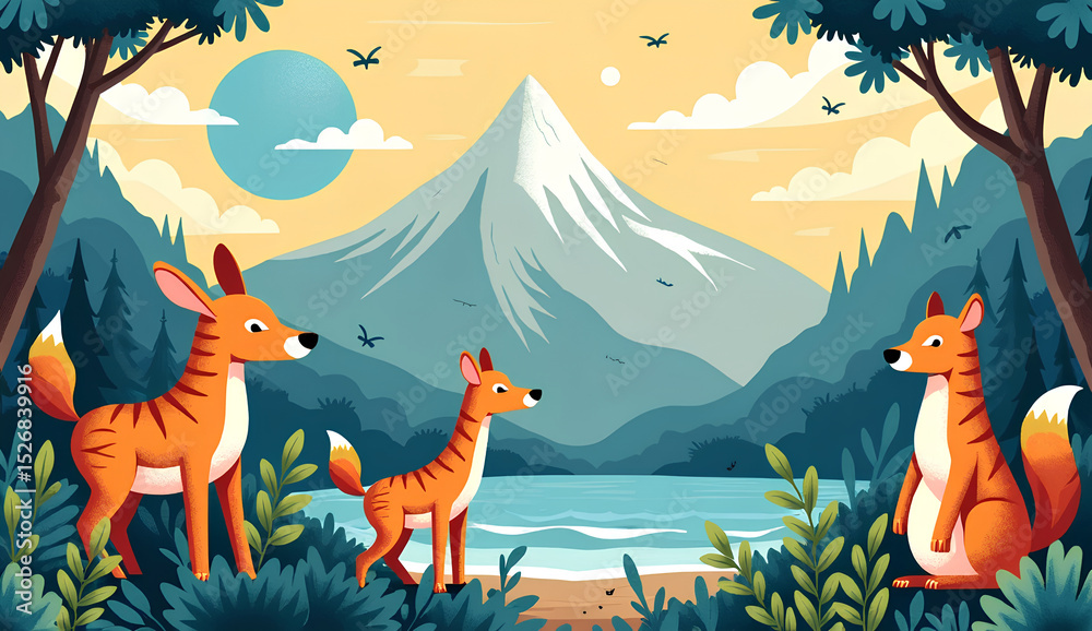 Obraz premium Flat Nature Landscape with Forest Animals