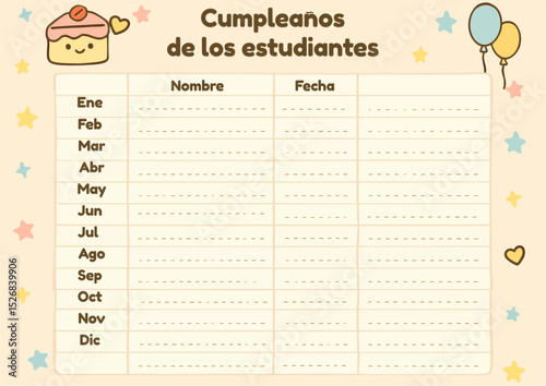 This horizontal A4 template in Spanish is designed to keep track of students' birthdays throughout the year. It features 12 rows per month with spaces to write students' names and dates. Featuring kaw