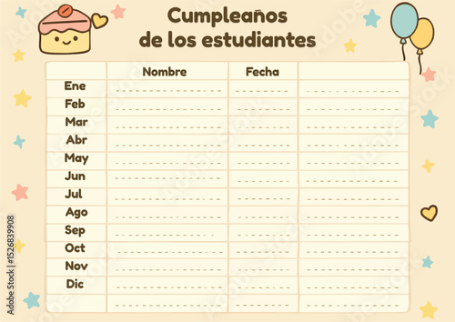 This horizontal A4 template in Spanish is designed to keep track of students' birthdays throughout the year. It features 12 rows per month with spaces to write students' names and dates. Featuring kaw