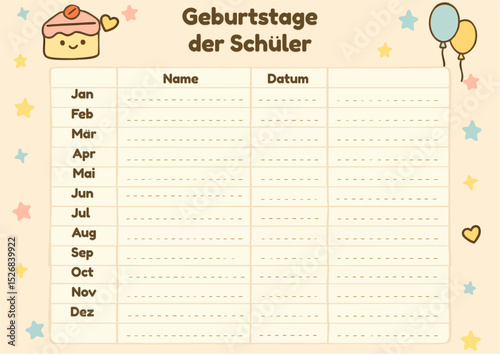 This horizontal A4 template in German is designed to keep track of students' birthdays throughout the year. It features 12 rows per month with spaces to write students' names and dates. Decorated with