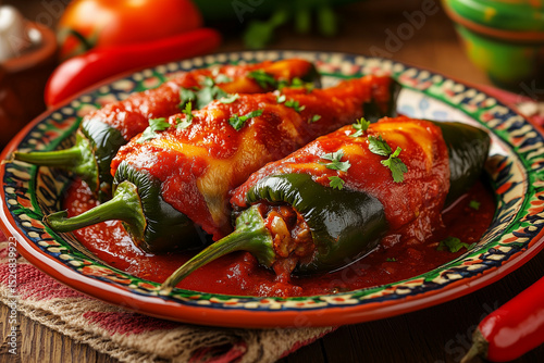Chiles Rellenos – Stuffed Poblano Peppers Filled with Cheese and Served with Tomato Sauce