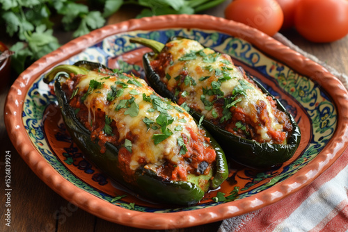 Chiles Rellenos – Stuffed Poblano Peppers Filled with Cheese and Served with Tomato Sauce