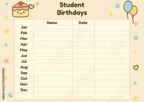This A4 horizontal template in English is designed to keep track of students' birthdays throughout the year. It features 12 rows per month with spaces to write students' names and dates. Decorated wit