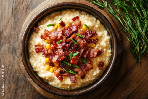 Crispy Bacon Topping on Creamy Cornmeal Porridge – Savory Breakfast Delight