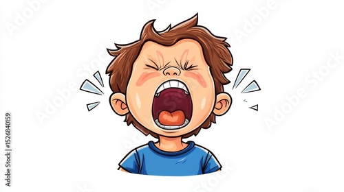 A cartoon boy expressing frustration with a loud scream and tears, showcasing strong emotions and a vivid reaction.