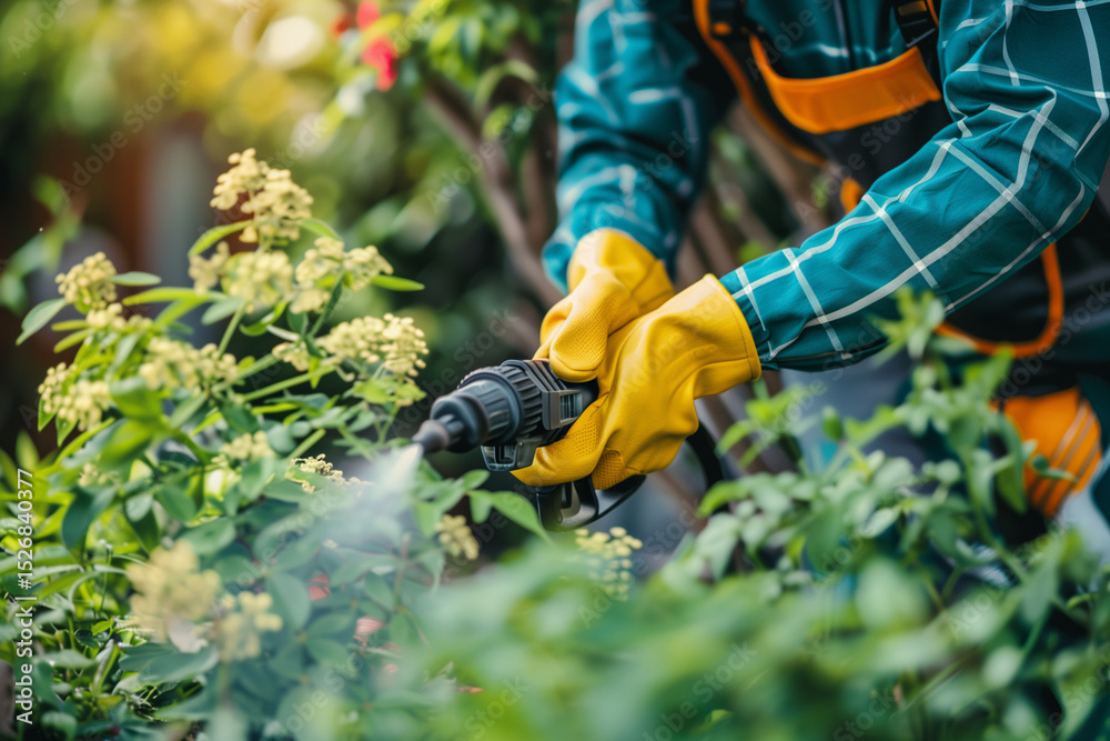 Naklejka premium Gardener in Protective Mask and Gloves Spraying Plants in Garden. Safe plant treatment, pest control, and responsible gardening practices