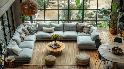 Modern cozy living room with large sectional sofa, wooden furniture, indoor plants, and natural light from floor-to-ceiling windows in a stylish home.
