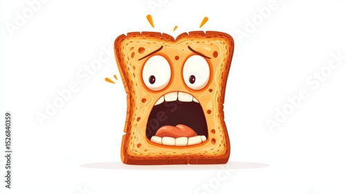 A frightened slice of bread with exaggerated facial features, showcasing a unique and fun character.