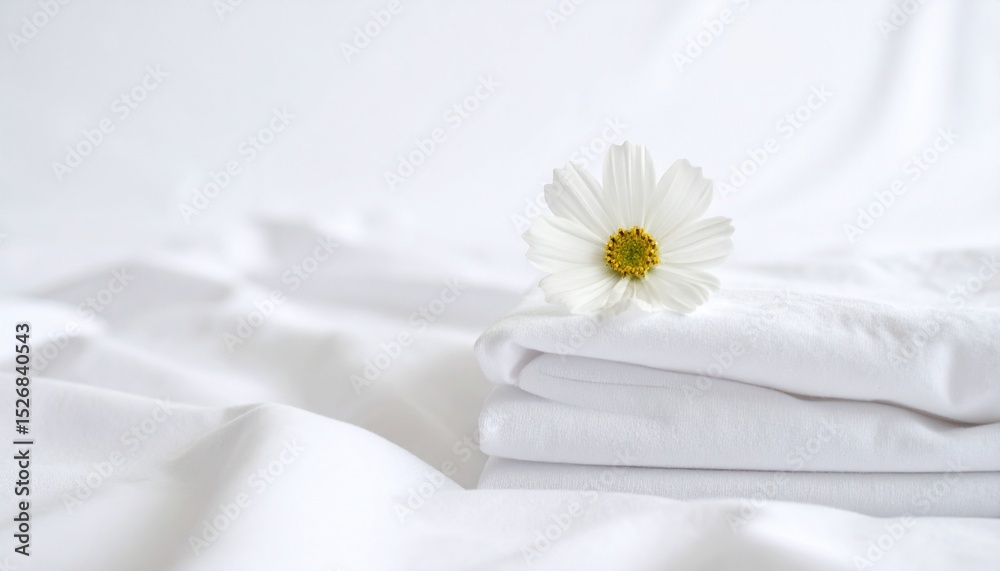 Obraz premium Fresh White Bedding and Cosmos Flower Minimalist Photography.