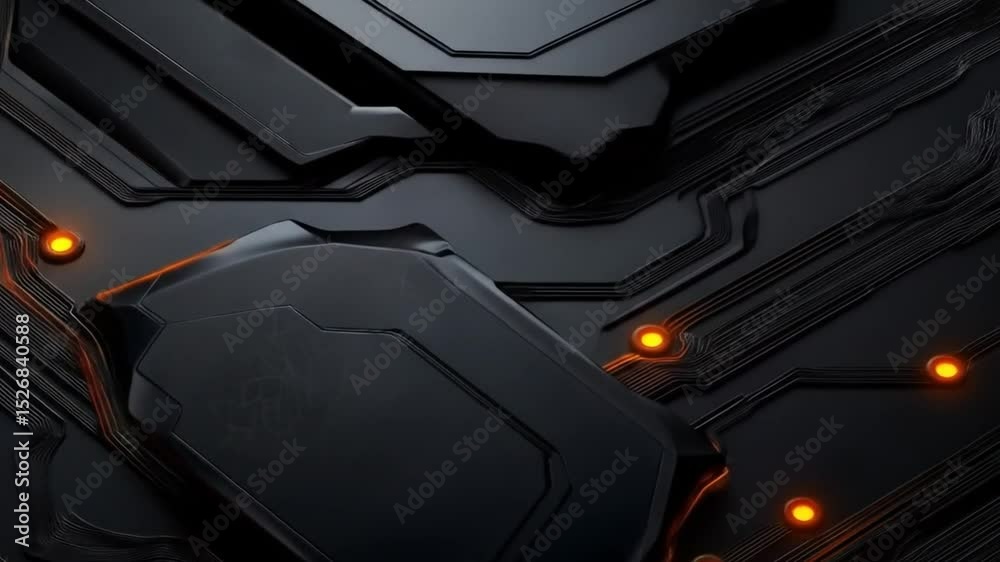 Abstract technological circuit board with glowing orange accents, highlighting a dark, geometrically shaped central component