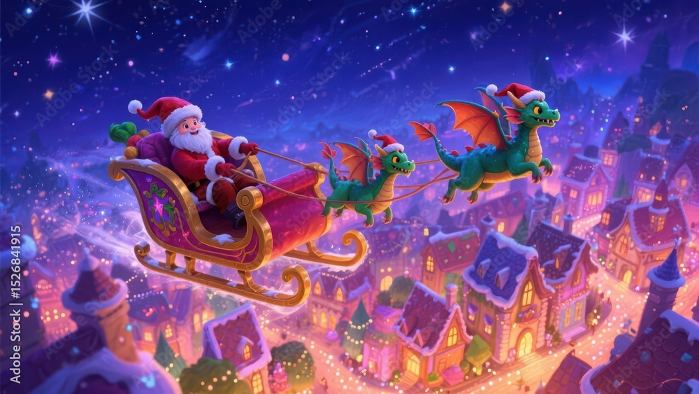 Naklejka premium Santa Claus in a sleigh being pulled by two green dragons wearing Santa hats flies over a charming town at night spreading Christmas cheer and wonderment