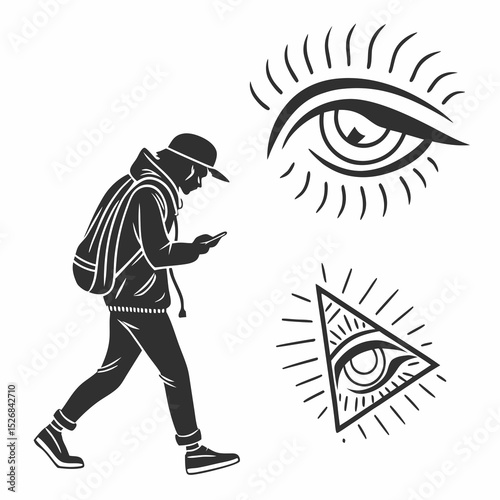 Walking man smartphone eye symbols graphic design illustration