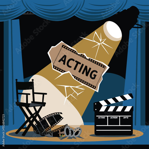 vector icons cinema, Director's Chair , theatrical Ticket roles, video tape, shattered spotlight  
