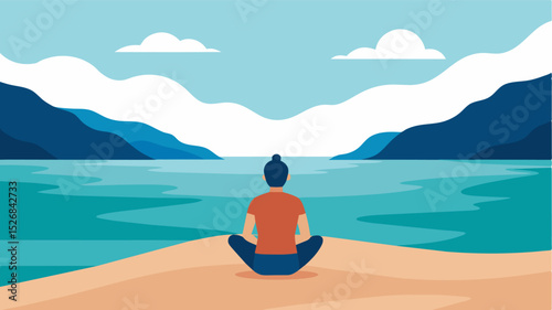 An image of a beach with a person at the waters edge practicing mindful breathing as they listen to the rhythm of the waves crashing promoting a sense of peace and relaxation.. Vector illustration