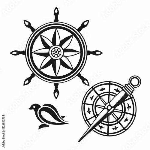 Nautical symbols ship wheel compass bird design travel adventure