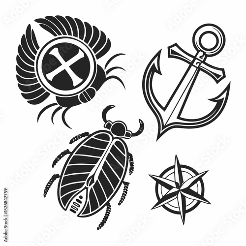 Nautical symbols set anchor beetle compass scarab
