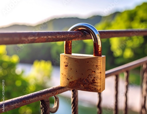 Rusty padlock on a railing, scenic view
