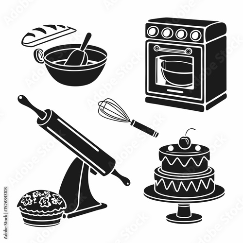 Baking icons set kitchenware bread cake oven whisk rolling pin