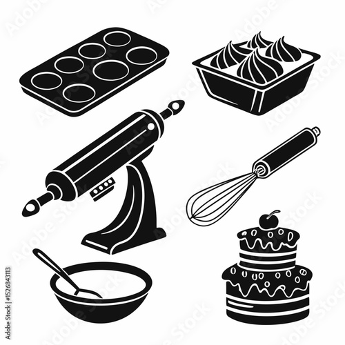 Baking icons set pastry tools cake muffin whisk rolling pin