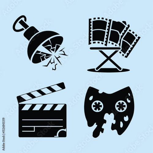 vector icons cinema, Director's Chair , theatrical Ticket roles, video tape, shattered spotlight  

