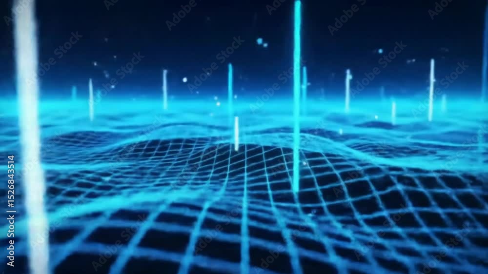 Abstract Digital Landscape Glowing Grid, Data Streams, and Futuristic Terrain