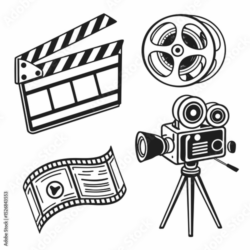 Filmmaking icons clapperboard film reel movie camera ticket
