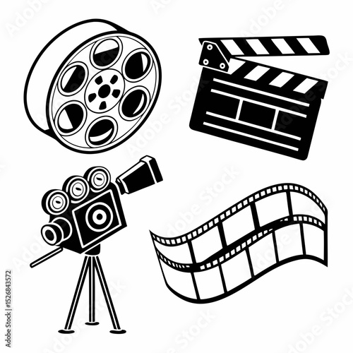Professional movie icons film reel camera clapperboard isolated on white background