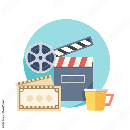 Movie night essentials film reel clapperboard ticket cup