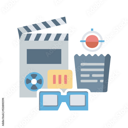 Professional movie icons clapperboard 3d glasses ticket isolated on white