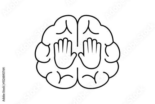 Brain with hands covering eyes line drawing illustration