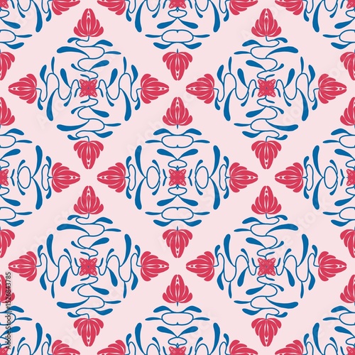 seamless floral pattern,tile and fabric patterns,background created by combining circles, ellipses,curves to form branches,flowers and leaves,then coloring to create a simple,geometric shape,beautiful