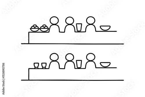 Simple line drawing of people at a counter with food and drinks
