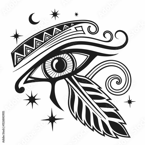 Eye of horus stylized design with feather and stars