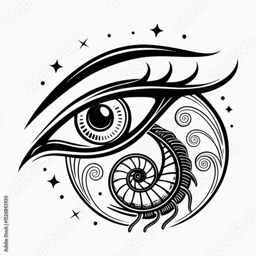 Mystical eye with spiral shell cosmic design tattoo art