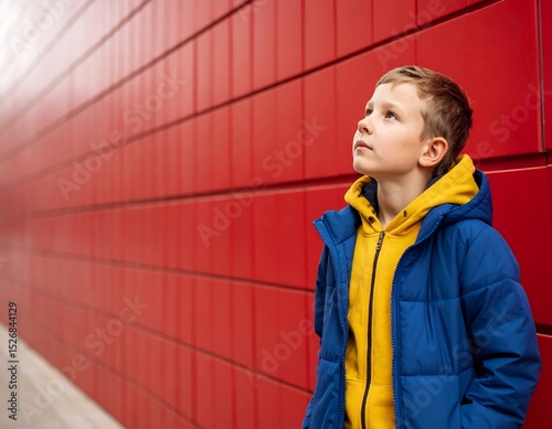 Boy looks upward near red wall
