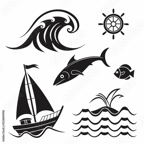 Nautical symbols set sailboat ocean wave fish wheel