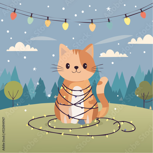 Cat tangled in fairy lights
