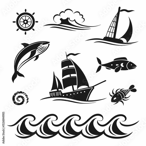 Nautical ocean life ship whale fish wave symbols design